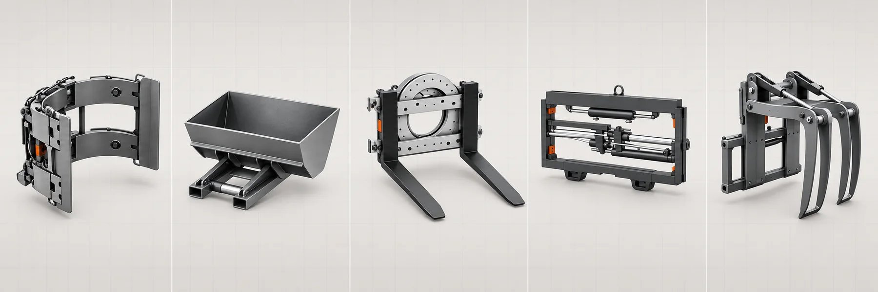 Illustrative overview of a paper roll clamp, bucket, rotator, fork positioner and log grapple