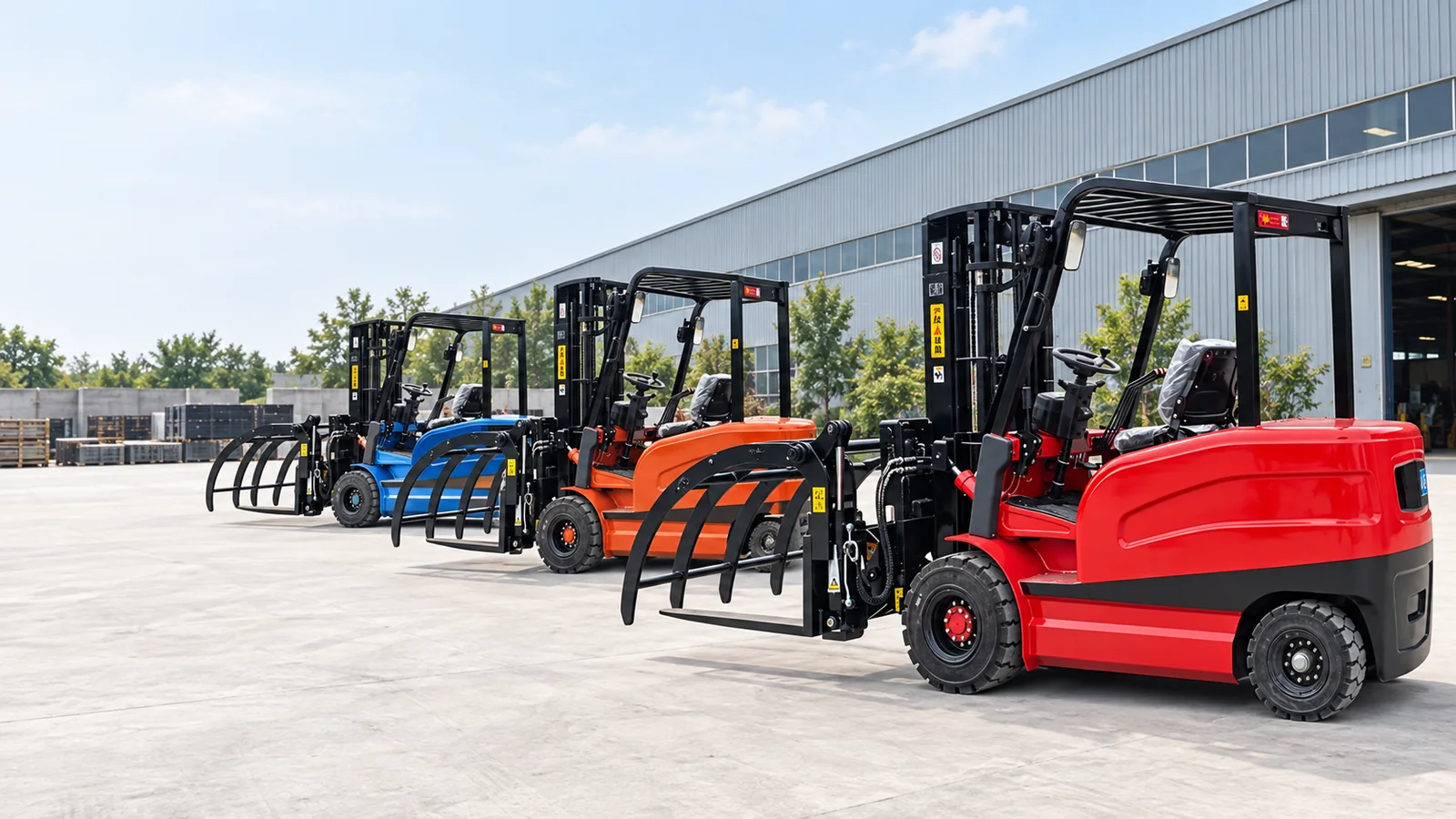 SunYi electric forklifts shown with log handling attachments